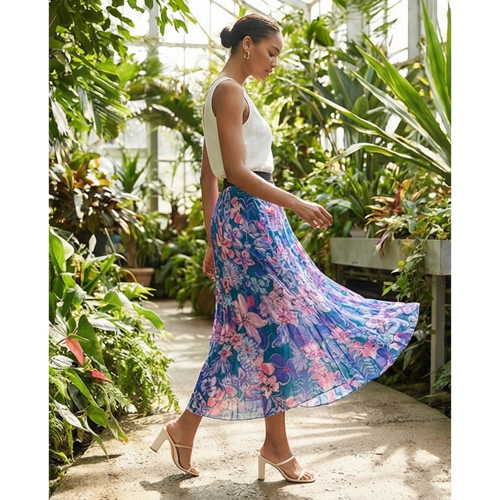 Lilly Pulitzer XS Giavana Pleated Midi Skirt Tanzanian Teal Moonlight Garden NWT